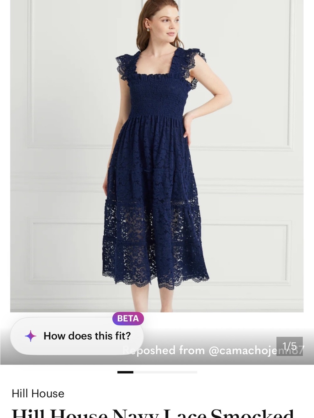 Hill House Navy Lace Smocked Midi Dress with Flutter Sleeves